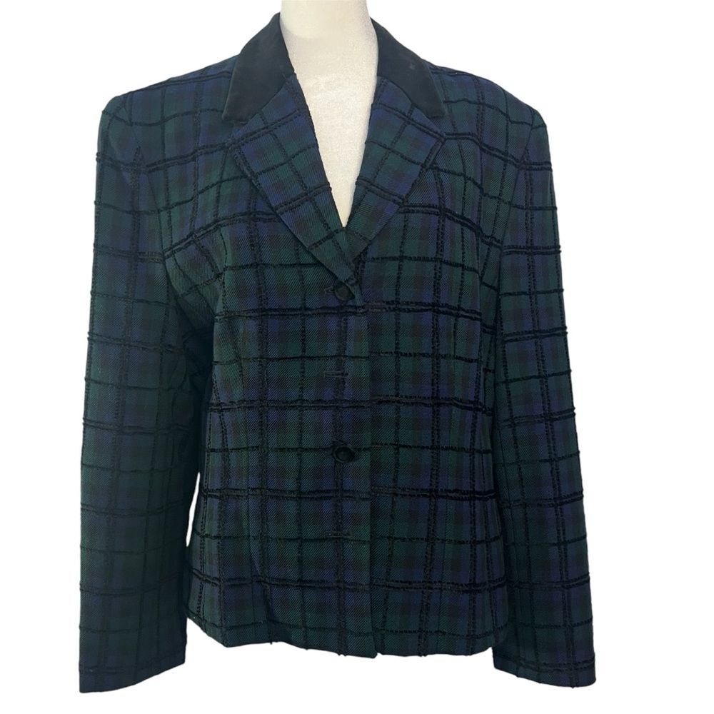 NEW Pendleton Women Plaid Blue Green Wool Blend Blazer Coat Velvet SZ 14 Vintage